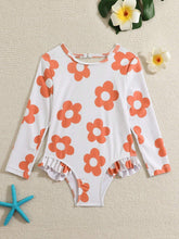 1pc Floral Print Ruffle Trim One-Piece Swimsuit For Young Girls